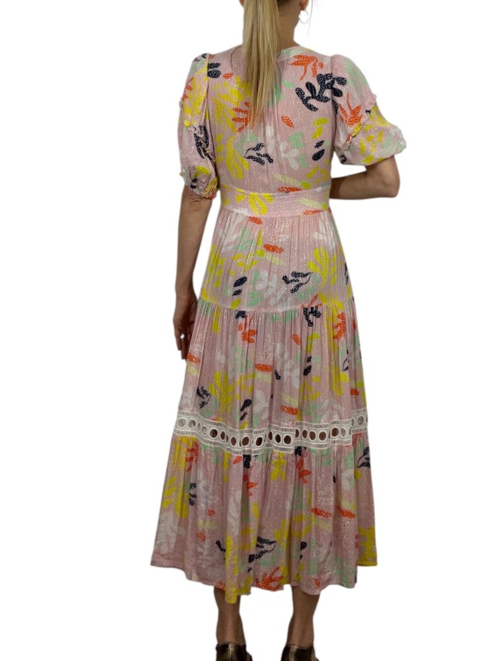 Lem Lem Reef Flutter Sleeve Maxi Dress M Pink Tiered Side Slits Summer - Picture 3 of 16